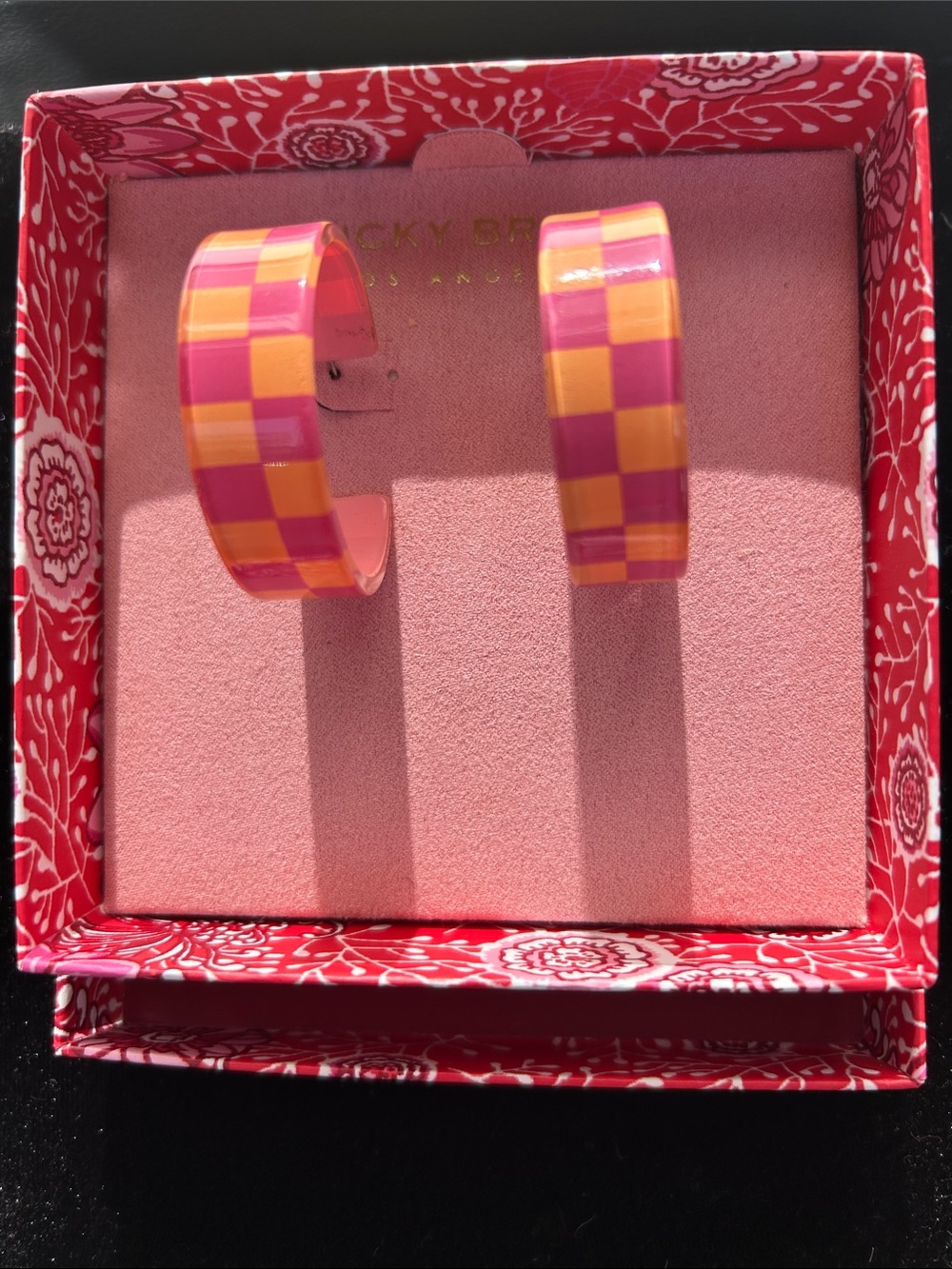 Lucky Brand Pink and Orange Checker Hoop Earrings